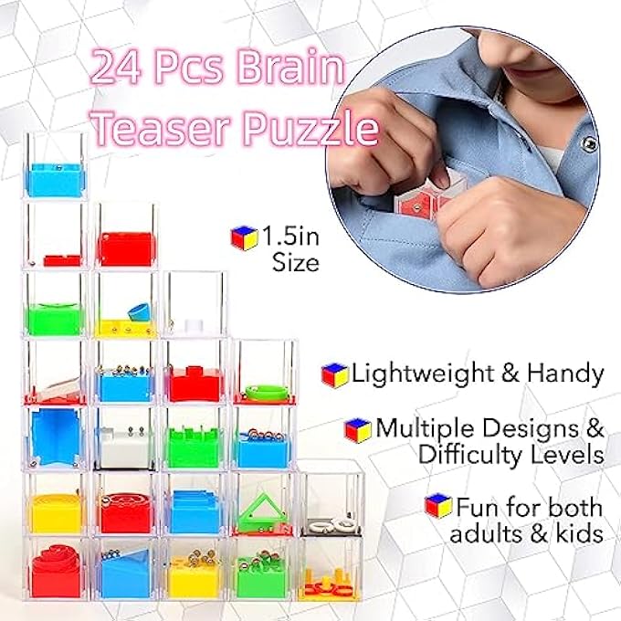 24 PCS BRAIN TEASER PUZZLE FOR BOYS, GIRLS, TEENS, PARTY FAVORS,MINI FIDGET PUZZLE BOX ASSORTED 3D CUBE BALANCE IQ MAZE CUBE, CHALLENGE DECOMPRESSION BIRTHDAY PARTY FAVORS GOODIE BAG FILLERS - Image 2